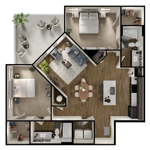 Floor plan for 2 beds, 2 baths, 1131 sqft